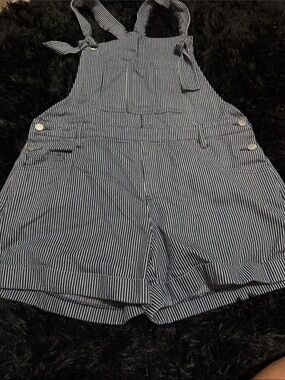 BiBi Blue and White Pinstripe Overall Shorts with Pockets